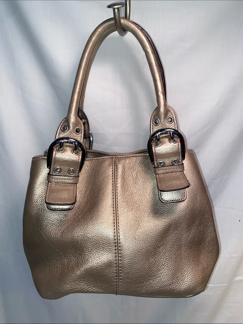 Tignanello Perfect 10 Metallic Taupe Leather Tote Bag - Women's Shoulder Handbag